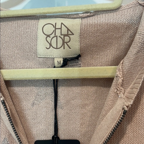 Chaser Cream Rose Metallic Silver Star Cardigan zip up sweater hooded medium new - Picture 2 of 7